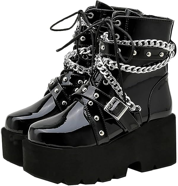 juleya 女式厚防水台粗跟靴*皮革链踝靴拉链系带哥特式朋克冬季鞋